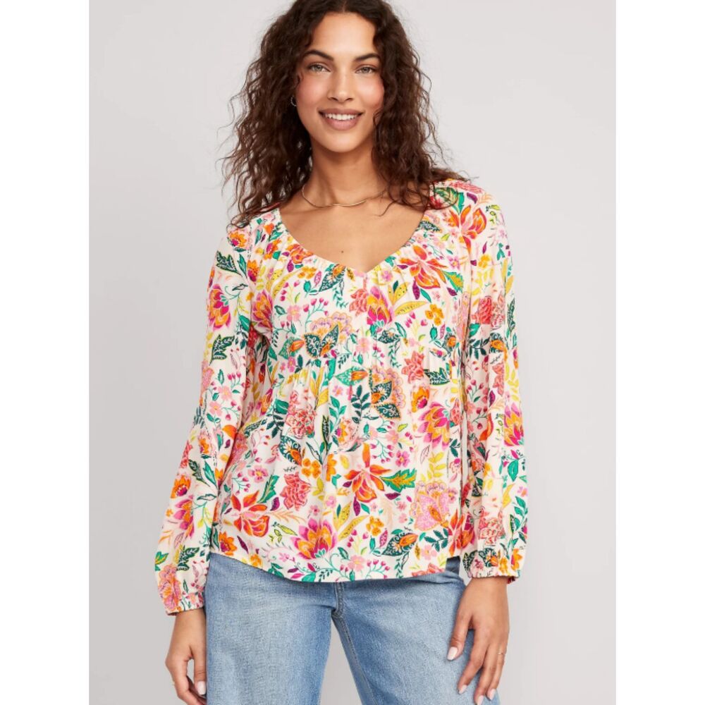 Old Navy Women's Floral Paisley V-Neck Balloon Sleeve Peplum Blouse White L